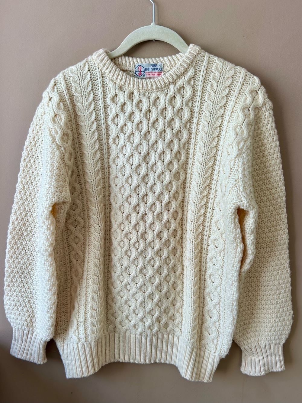Vintage Ivory Chunky Cable Knit Pure British Wool Irish Fisherman Sweater S / M - Picture 14 of 16